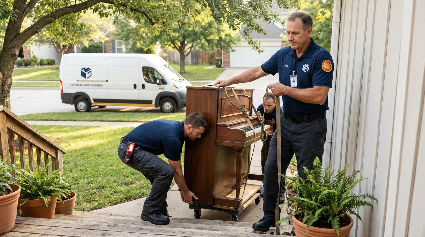 Licensed piano movers securing grand piano in Sharon Springs, KS