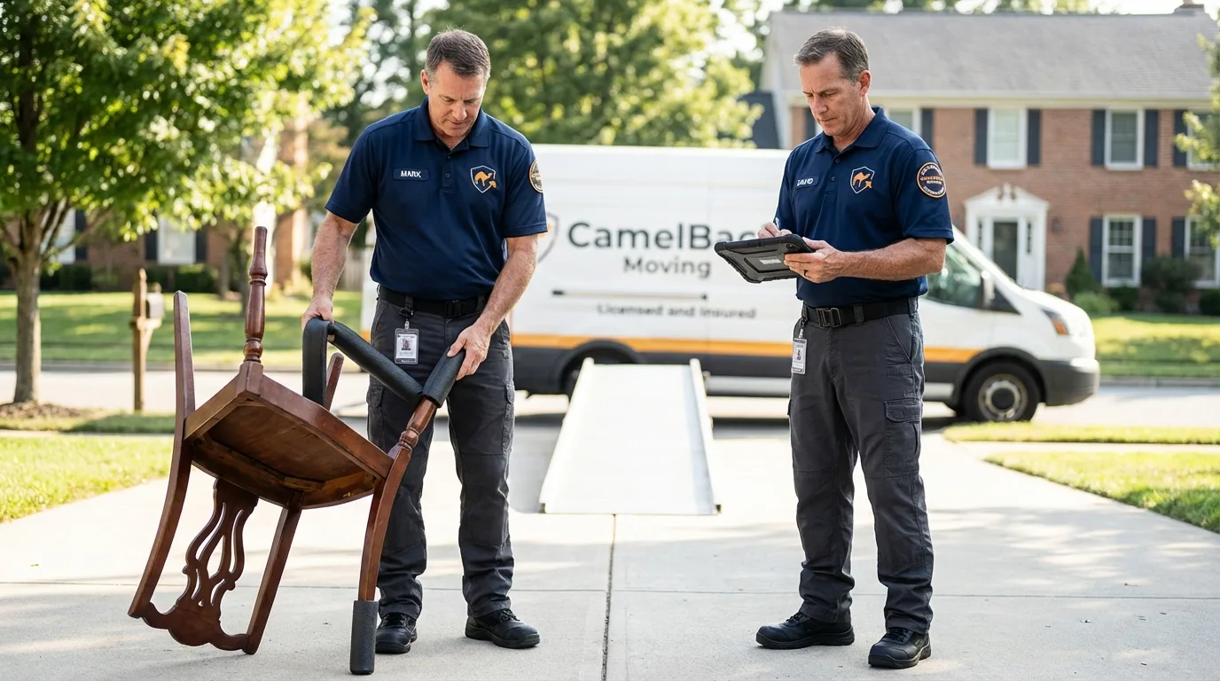 Movers inspecting furniture for damage prevention before loading in Sharon Springs, KS