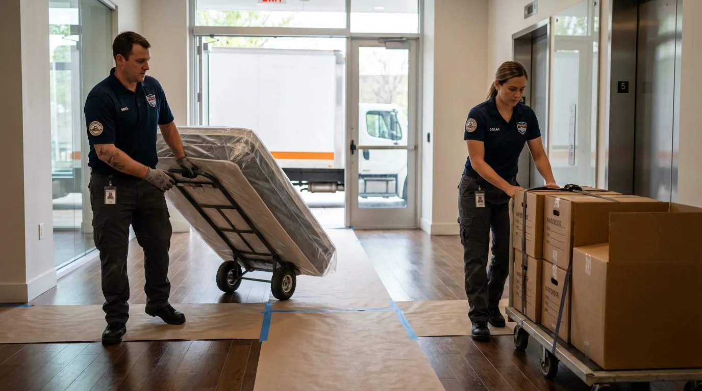 Professional apartment movers loading elevator in Sharon Springs, KS