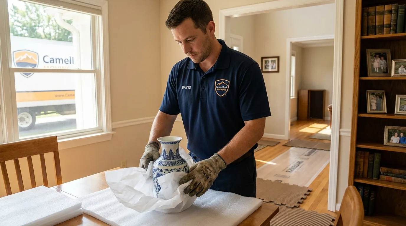 Professional crew carefully wrapping antique vase for senior downsizing move in Sharon Springs, KS